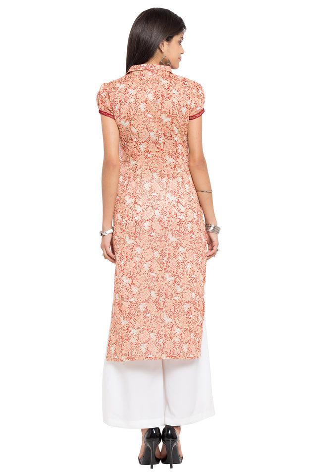 Blended Cotton Straight Kurti Top In Orange