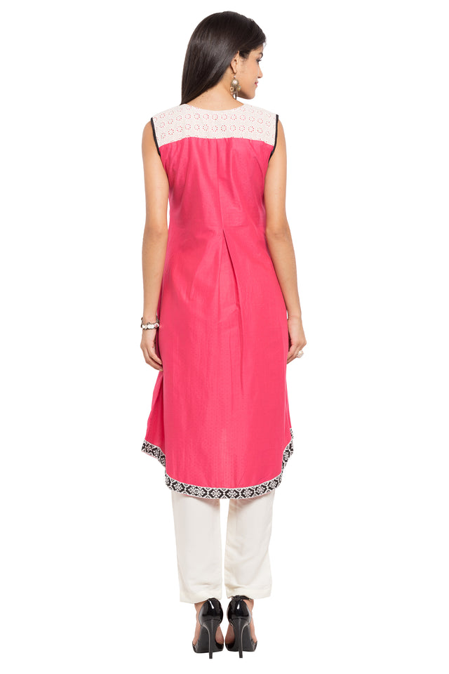 Blended Cotton Embroidered Kurti In Pink