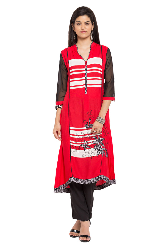 Blended Cotton A-Line Kurti Top In Red