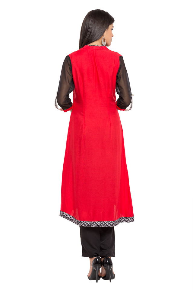 Blended Cotton A-Line Kurti Top In Red