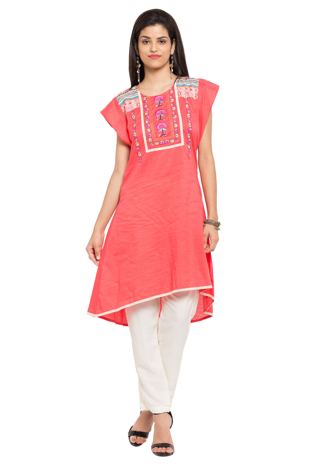 Blended Cotton Asymmetric Kurti In Pink