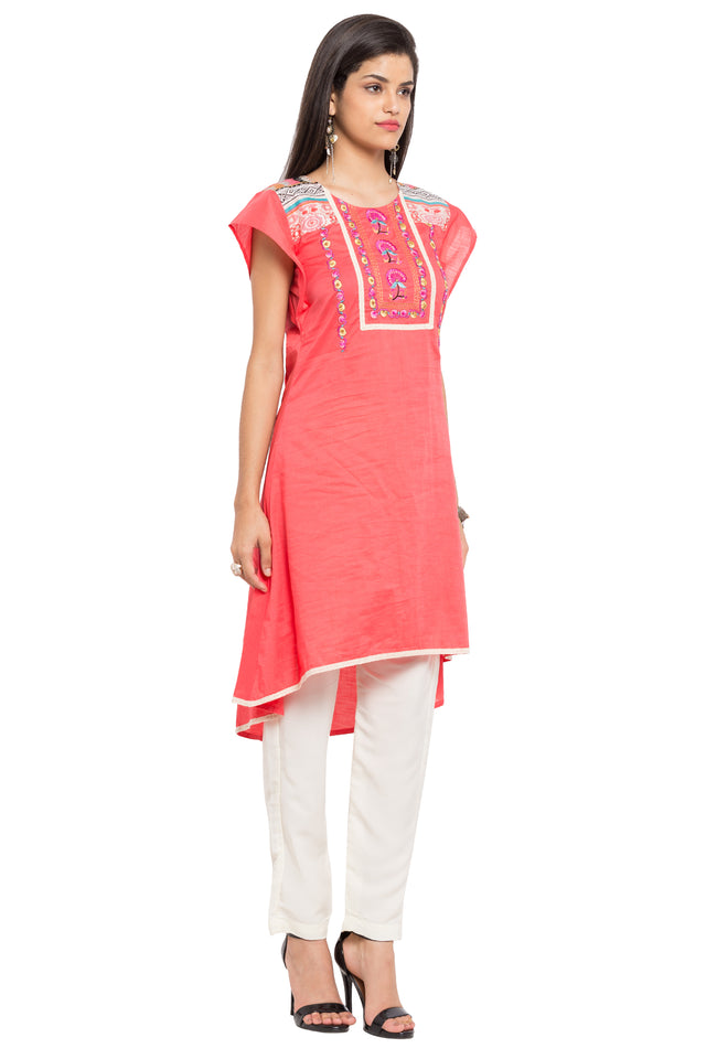 Blended Cotton Asymmetric Kurti In Pink