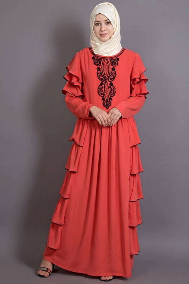 Buy Crepe Embroidered Abaya in Orange