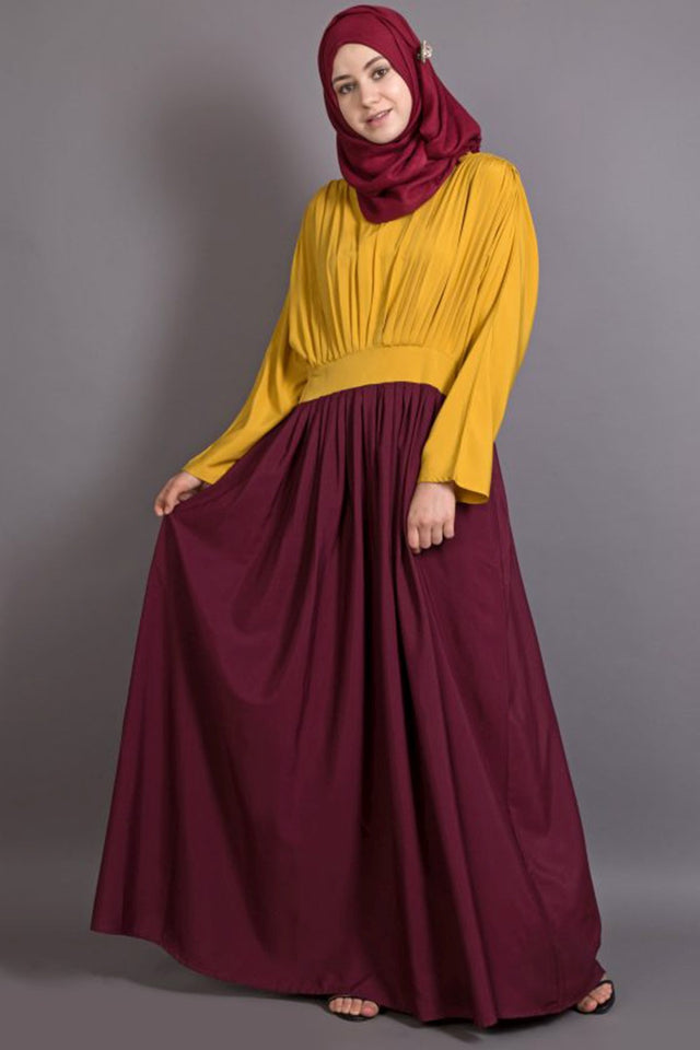 Buy Polycrepe Solid Abaya in Mustard and Maroon