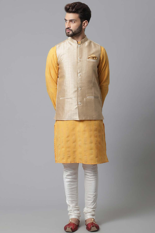 Buy Men's Beige Banarasi Textured Nehru jacket Online - KARMAPLACE