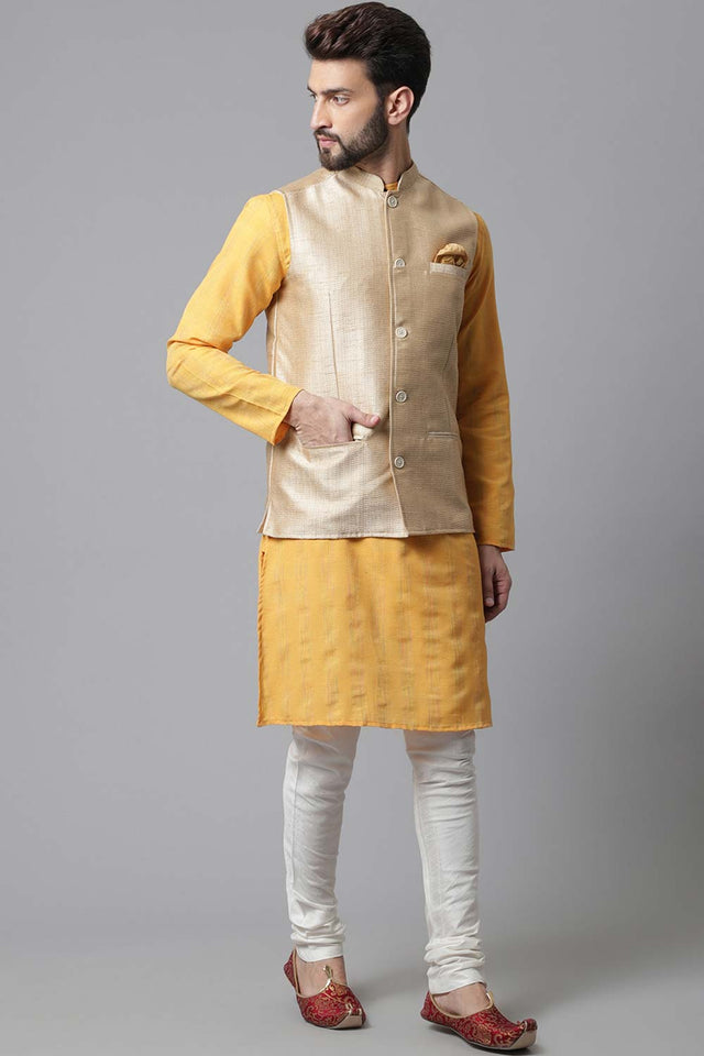Buy Men's Beige Banarasi Textured Nehru jacket Online - KARMAPLACE