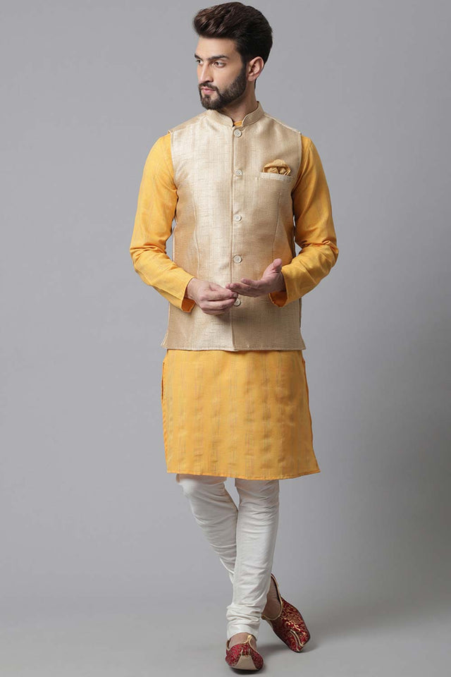 Buy Men's Beige Banarasi Textured Nehru jacket Online - KARMAPLACE