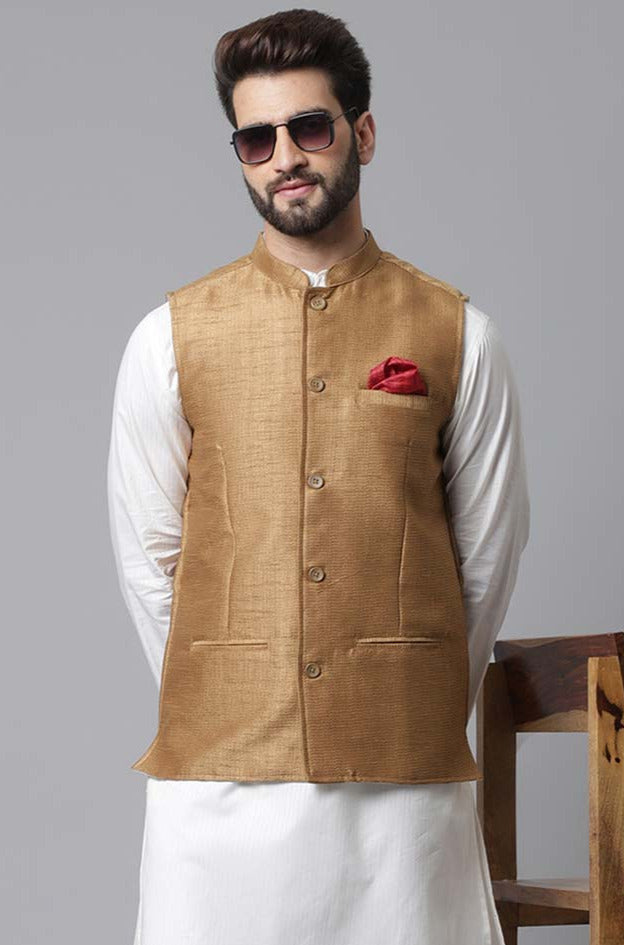 Buy Men's Gold Banarasi Textured Nehru jacket Online - KARMAPLACE