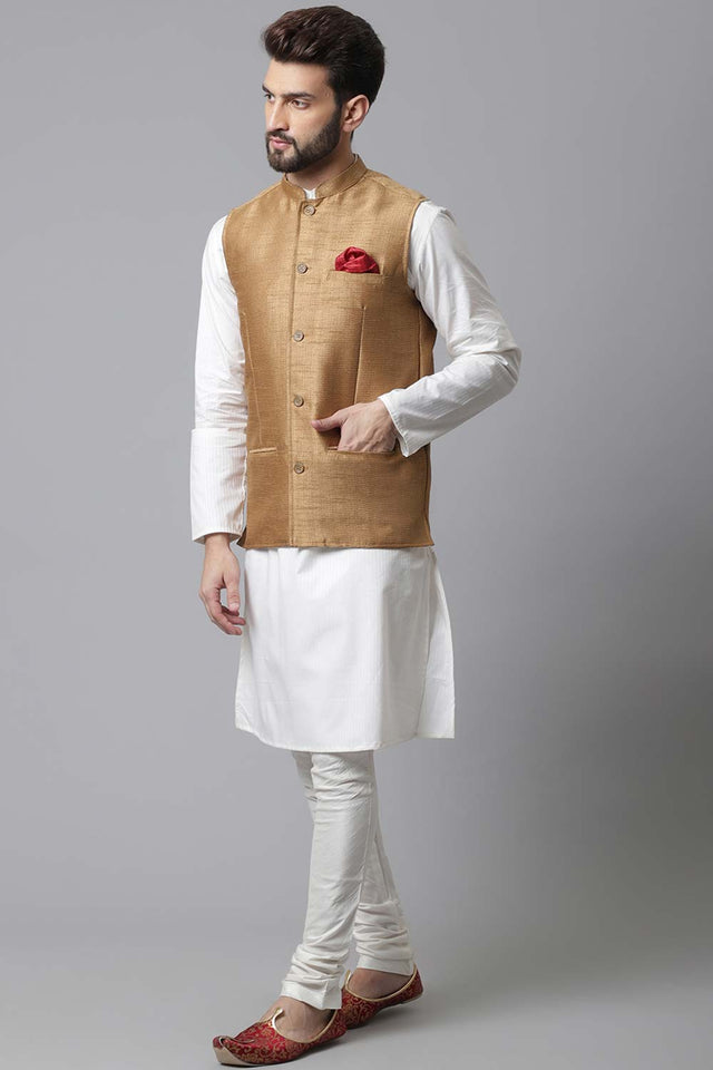 Buy Men's Gold Banarasi Textured Nehru jacket Online - KARMAPLACE