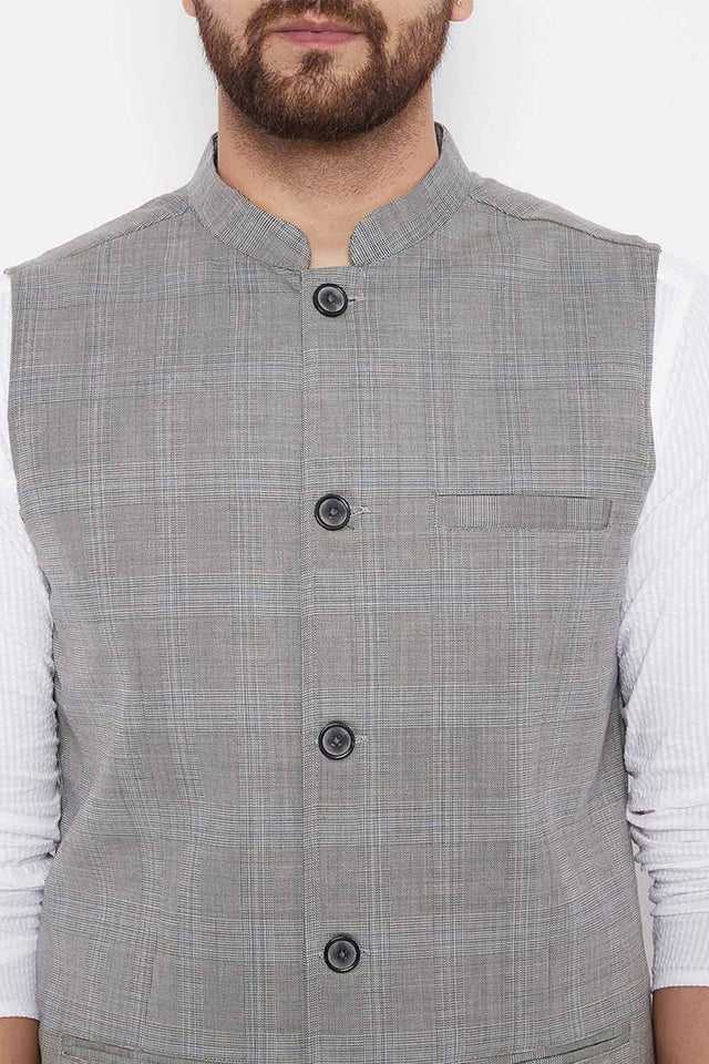 Buy Men's Merino Checks Nehru Jacket in Grey - Zoom Out