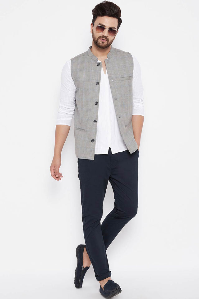 Buy Men's Merino Checks Nehru Jacket in Grey - Back