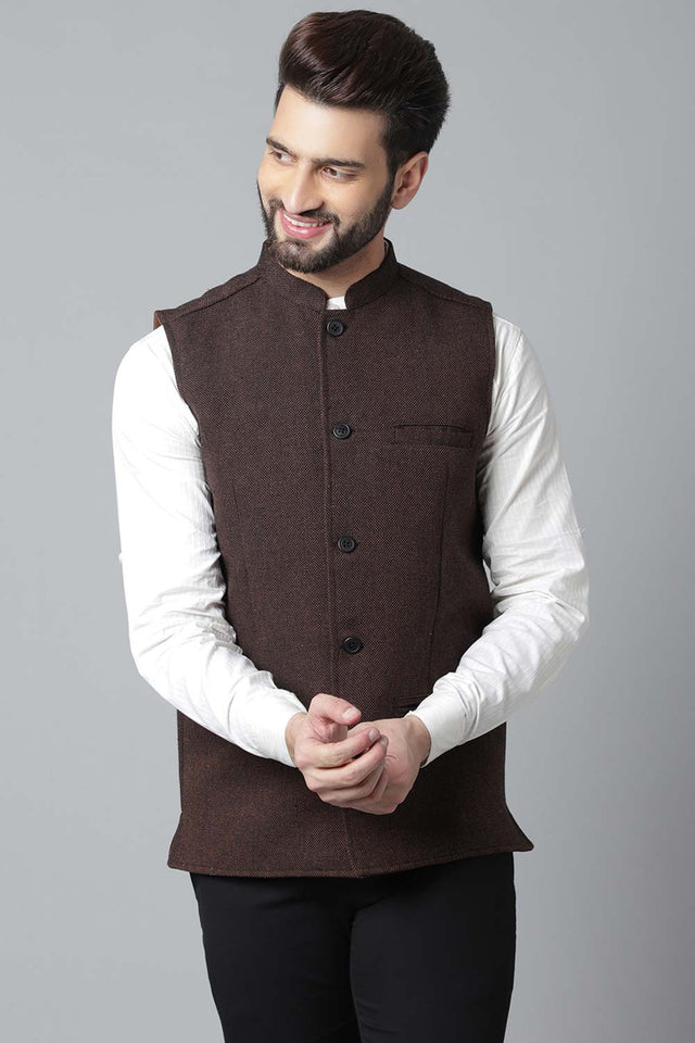 Buy Men's Brown Linen Blend Solid Waistcoat Online - KARMAPLACE