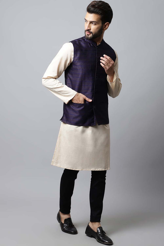 Buy Men's Blue Banarasi Checks Nehru jacket Online - KARMAPLACE