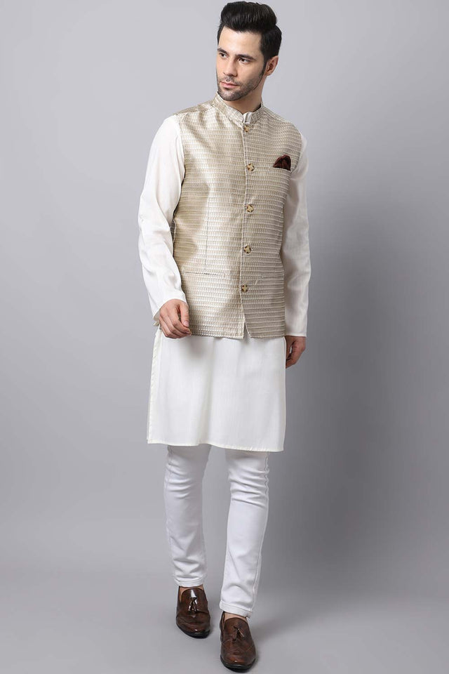 Buy Men's Beige Banarasi Self-design Nehru jacket Online - KARMAPLACE