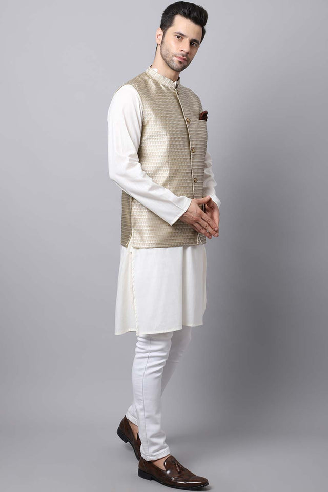 Buy Men's Beige Banarasi Self-design Nehru jacket Online - KARMAPLACE