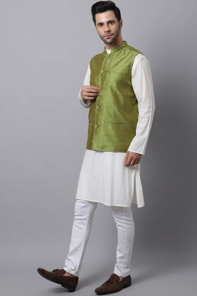 Buy Men's Green Banarasi Self-design Nehru jacket Online - KARMAPLACE
