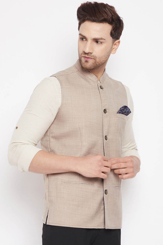 Buy Men's Linen Solid Nehru Jacket in Cream