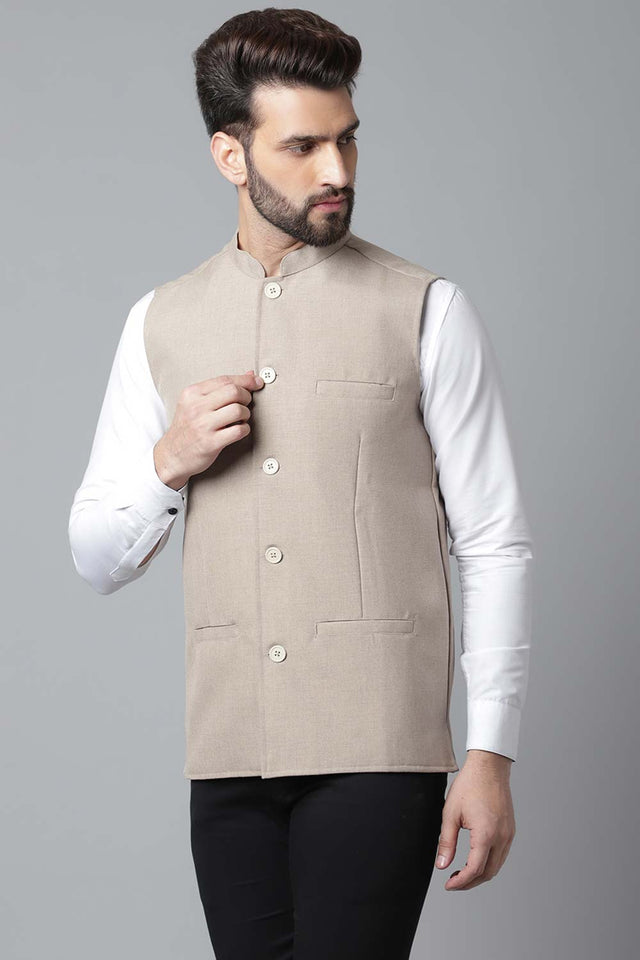 Buy Men's Cream Cotton Solid Waistcoat Online - KARMAPLACE