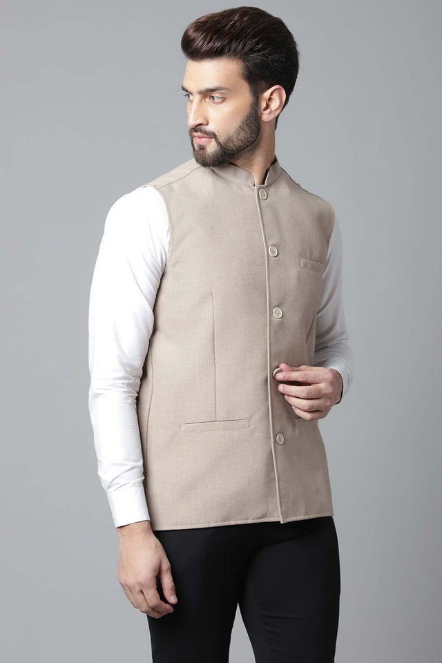 Buy Men's Cream Cotton Solid Waistcoat Online - KARMAPLACE