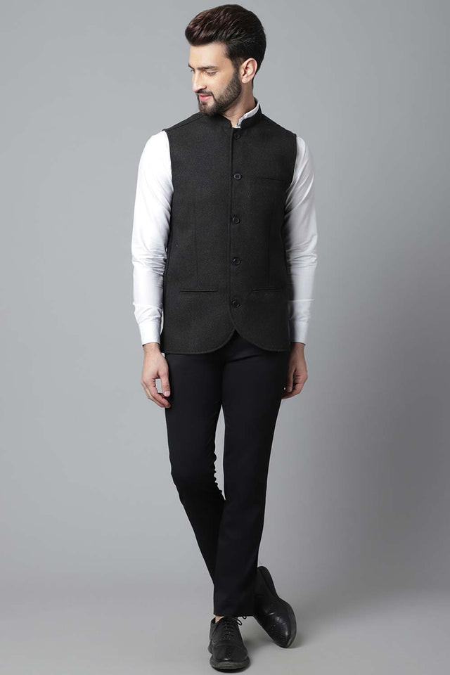 Buy Men's Black Wool Textured Waistcoat Online - KARMAPLACE