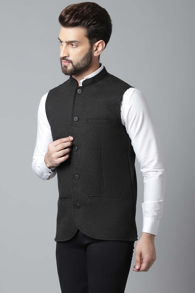 Buy Men's Black Wool Textured Waistcoat Online - KARMAPLACE