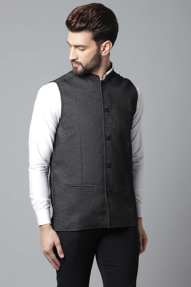 Buy Men's Black Wool Textured Waistcoat Online - KARMAPLACE