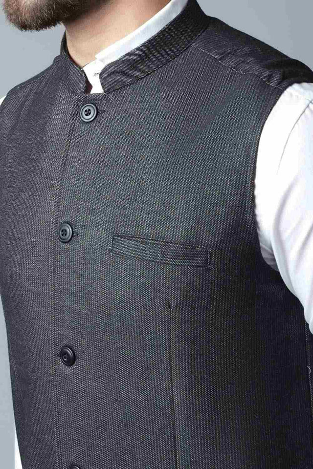 Buy Men's Black Wool Textured Waistcoat Online - KARMAPLACE
