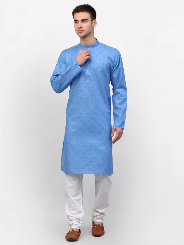 Men's Blue Cotton Printed Kurta Set