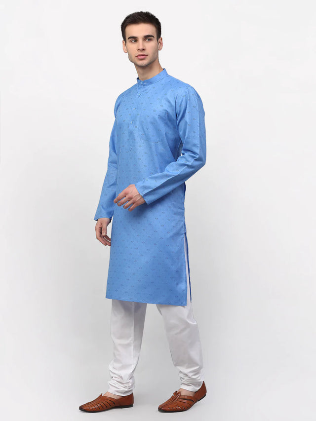 Men's Blue Cotton Printed Kurta Set