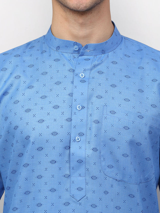 Men's Blue Cotton Printed Kurta Set