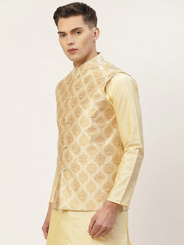 Men's Cream Jacquard Silk Woven Design Nehru Jacket (JOWC_4032Cream)