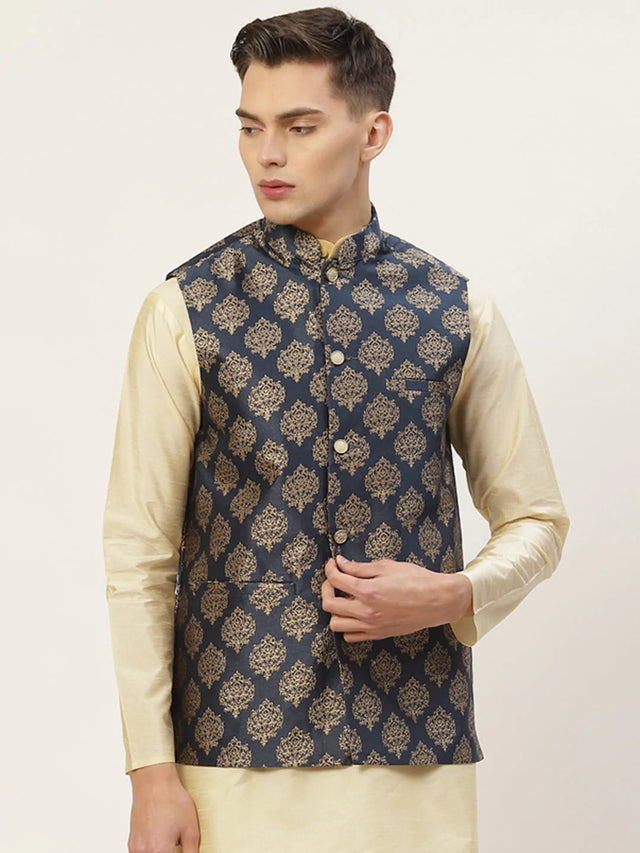 Men's Navy Blue Jacquard Silk Woven Design Nehru Jacket