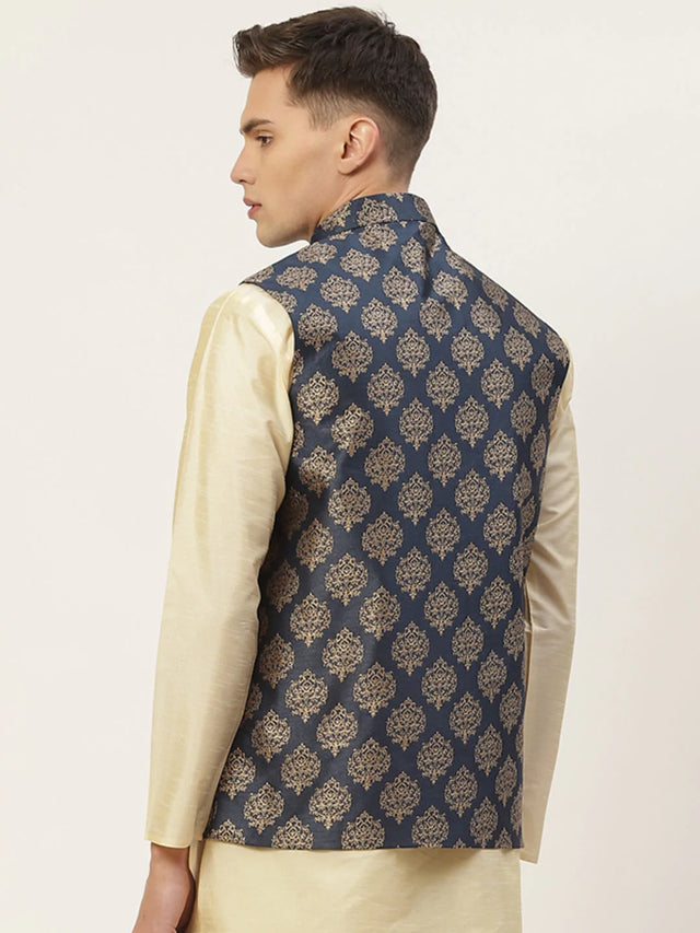 Men's Navy Blue Jacquard Silk Woven Design Nehru Jacket