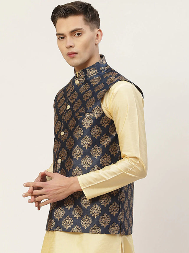 Men's Navy Blue Jacquard Silk Woven Design Nehru Jacket