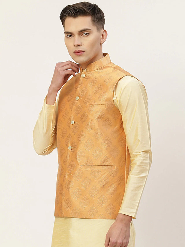 Men's Peach Jacquard Silk Woven Design Nehru Jacket (JOWC_4032Peach)