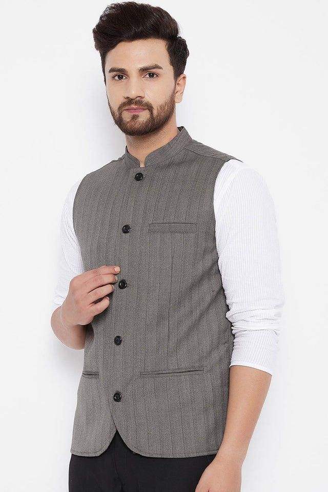 Buy Men's Merino Stripes Nehru Jacket in Brown - Front