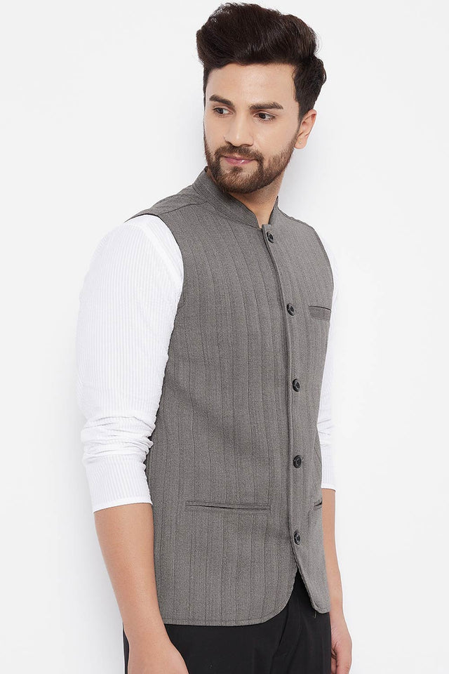Buy Men's Merino Stripes Nehru Jacket in Brown - Side