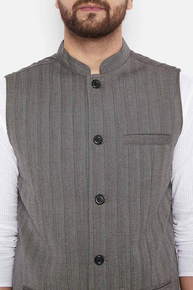 Buy Men's Merino Stripes Nehru Jacket in Brown - Zoom Out