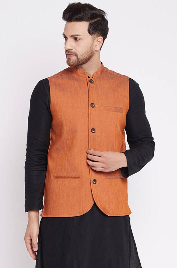 Buy Cotton Woven Nehru jacket in Orange