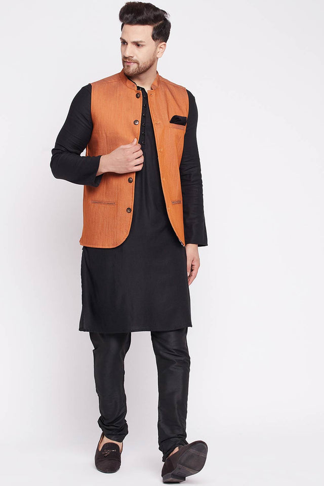 Buy Cotton Woven Nehru jacket in Orange