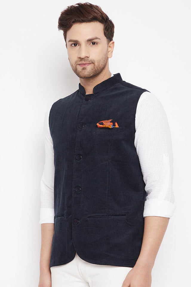 Buy Men's Polyester Solid Nehru Jacket in Navy