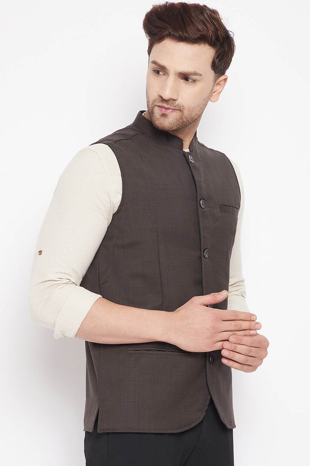 Buy Men's Merino Solid Nehru Jacket in Brown