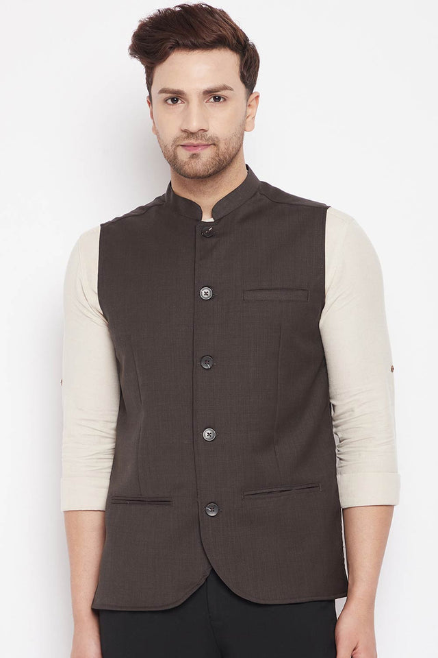 Buy Men's Merino Solid Nehru Jacket in Brown
