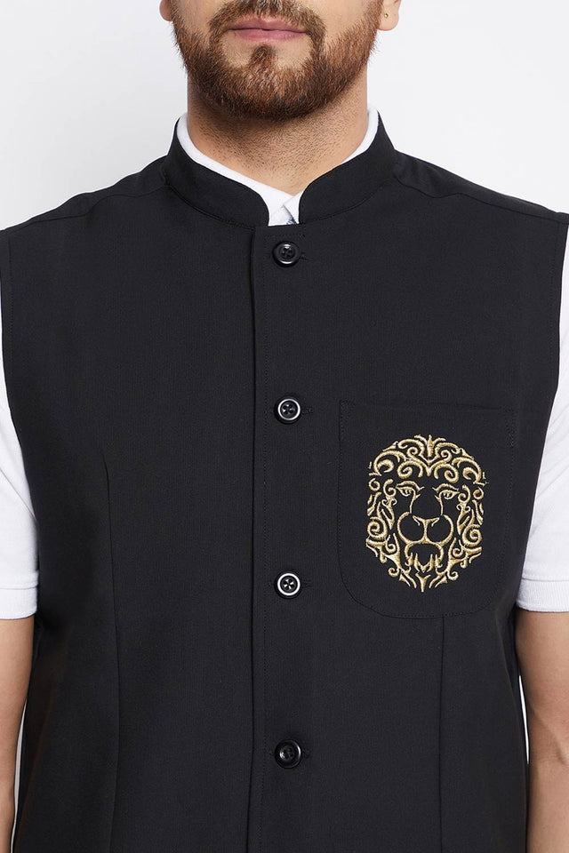 Buy Men's Merino Solid Nehru Jacket in Black - Side