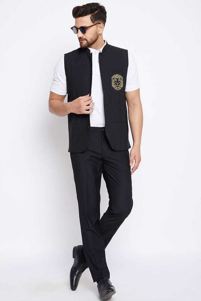 Buy Men's Merino Solid Nehru Jacket in Black - Zoom in
