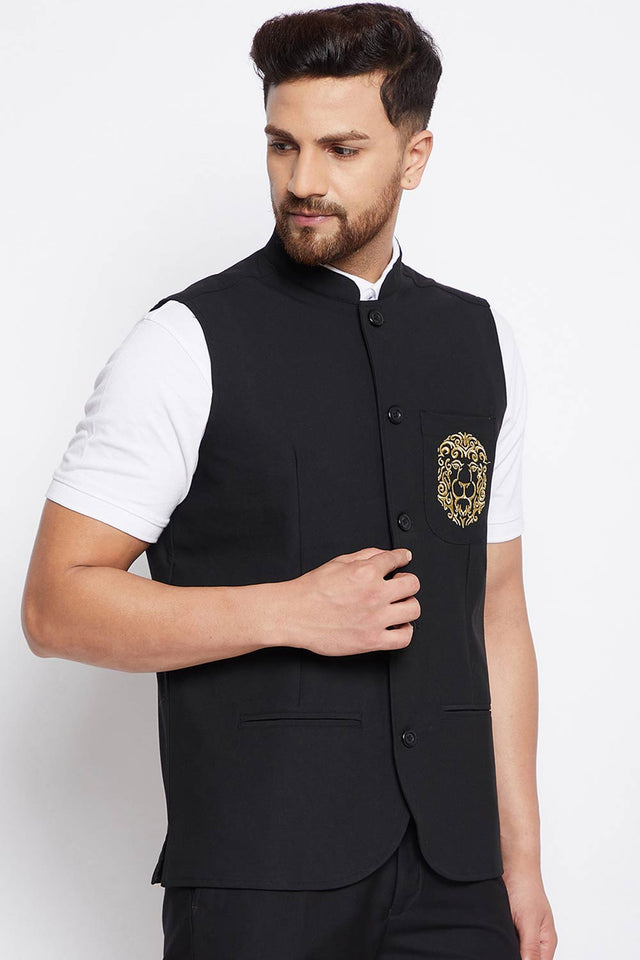 Buy Men's Merino Solid Nehru Jacket in Black - Zoom Out