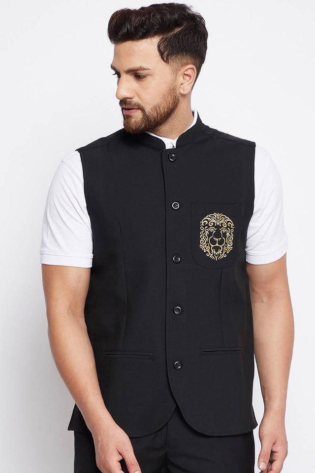 Buy Men's Merino Solid Nehru Jacket in Black