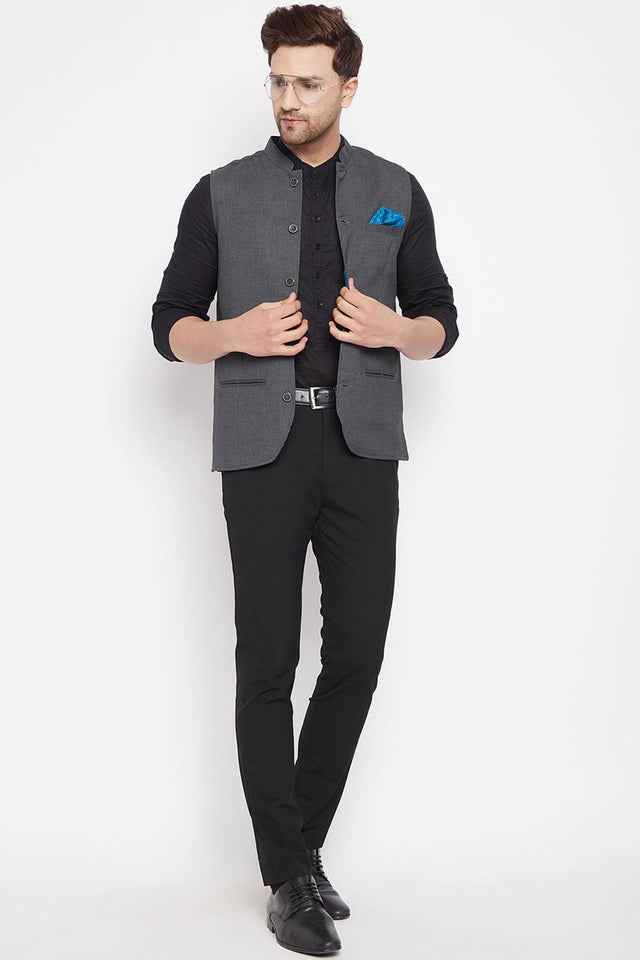 Buy Men's Merino Solid Nehru Jacket in Grey