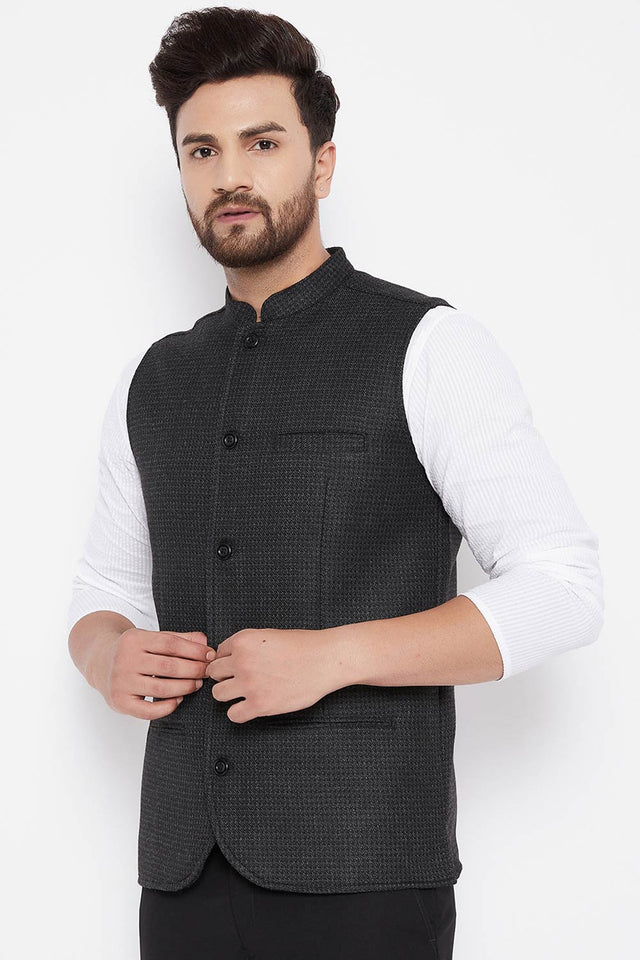 Buy Men's Wool Solid Nehru Jacket in Black - Front