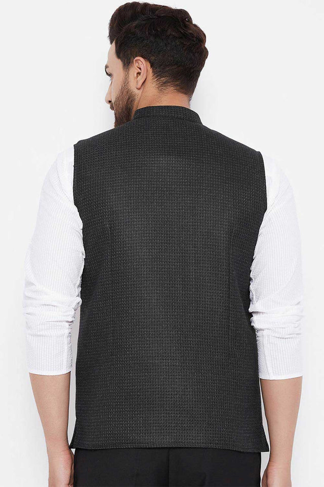 Buy Men's Wool Solid Nehru Jacket in Black - Zoom in